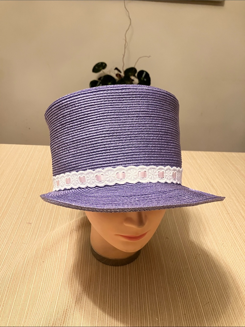 Chic Metallic Purple Straw Top Hat with White Lace Trim